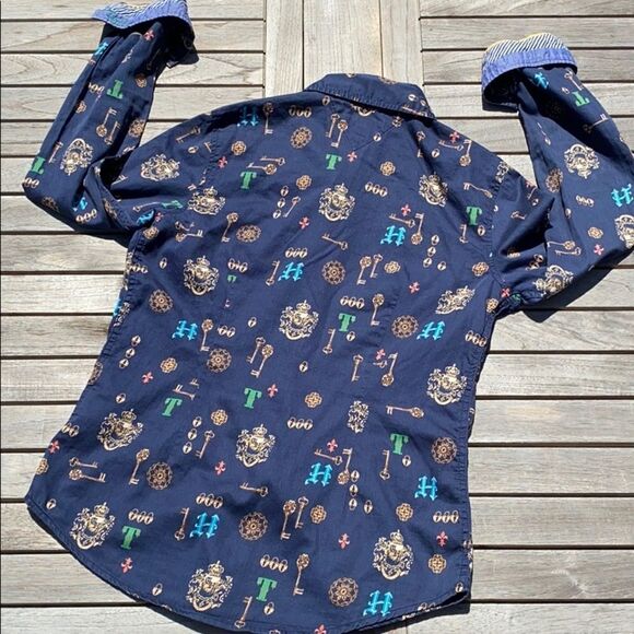 Tommy Hilfiger Women’s Navy Key Print Collared Button Down Shirt Blouse Small - Picture 6 of 9